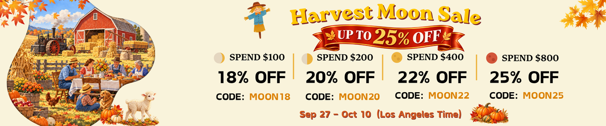 Desk Cosmos Harvest Moon Sale banner with autumn farm illustration: up to 25% off with codes MOON18, MOON20, MOON22 and MOON25, Sep 27 to Oct 10.