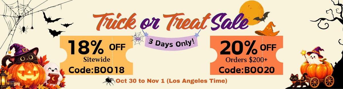 DeskCosmos Halloween Trick or Treat Sale banner, 3 days only from Oct 30 to Nov 1 Los Angeles time: 18% off sitewide with code BOO18, and 20% off orders $200+ with code BOO20, decorated with jack-o’-lanterns, a black cat in a witch hat, friendly ghosts, bats, and a full moon