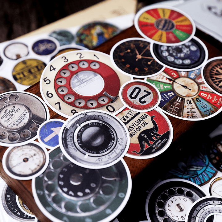 Vintage Round Gauge Stickers—Clock, church window, telephone, compass - Desk Cosmos