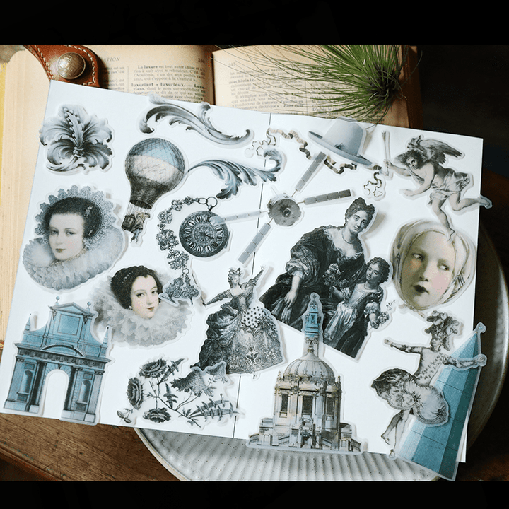 Medieval Classic Copperplate Journal Stickers—Character, architecture, airplane, knight - Desk Cosmos