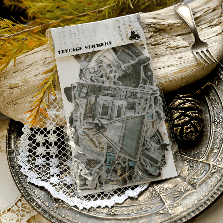 Medieval Classic Copperplate Journal Stickers—Character, architecture, airplane, knight - Desk Cosmos