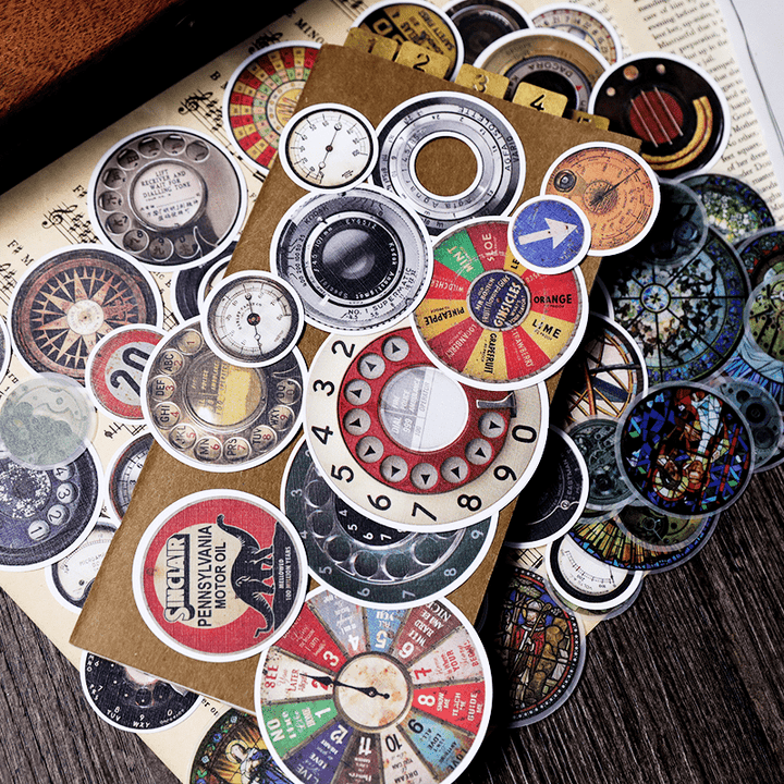 Vintage Round Gauge Stickers—Clock, church window, telephone, compass - Desk Cosmos