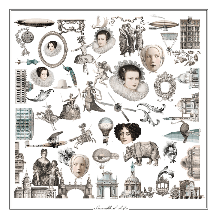 Medieval Classic Copperplate Journal Stickers—Character, architecture, airplane, knight - Desk Cosmos