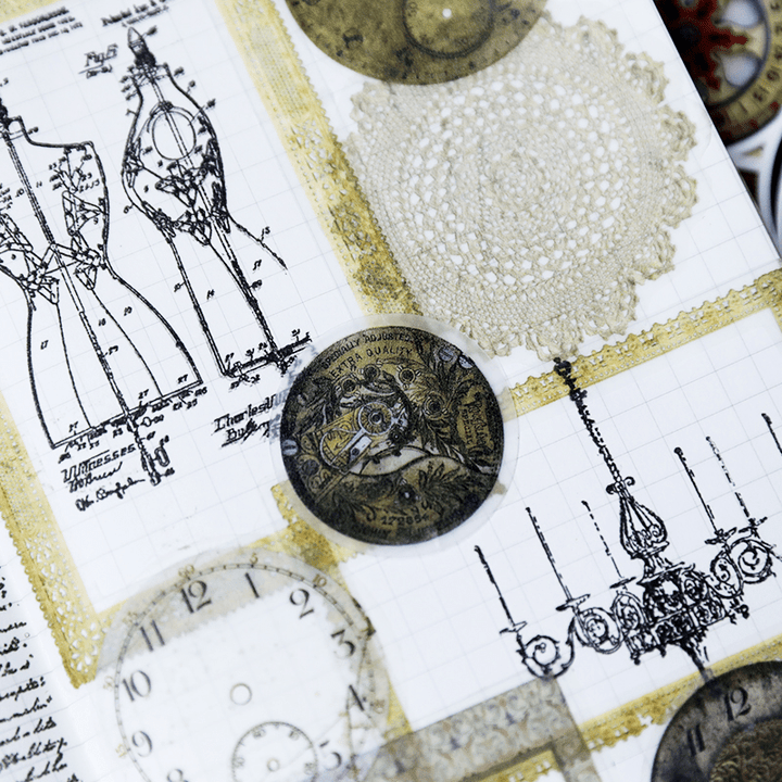 Vintage Round Gauge Stickers—Clock, church window, telephone, compass - Desk Cosmos