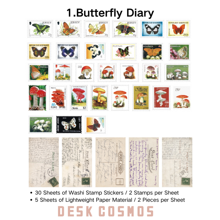 Former Stamps and Paper Stickers Butterfly Diary Vintage Washi Stickers Retro Ephemera