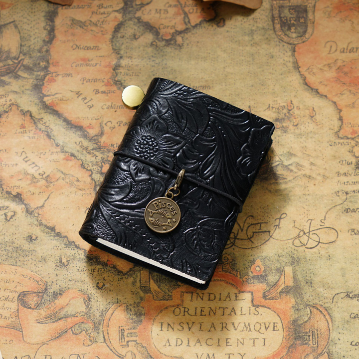 Traveler's Black Embossed Leather Mini Journal Vintage Style