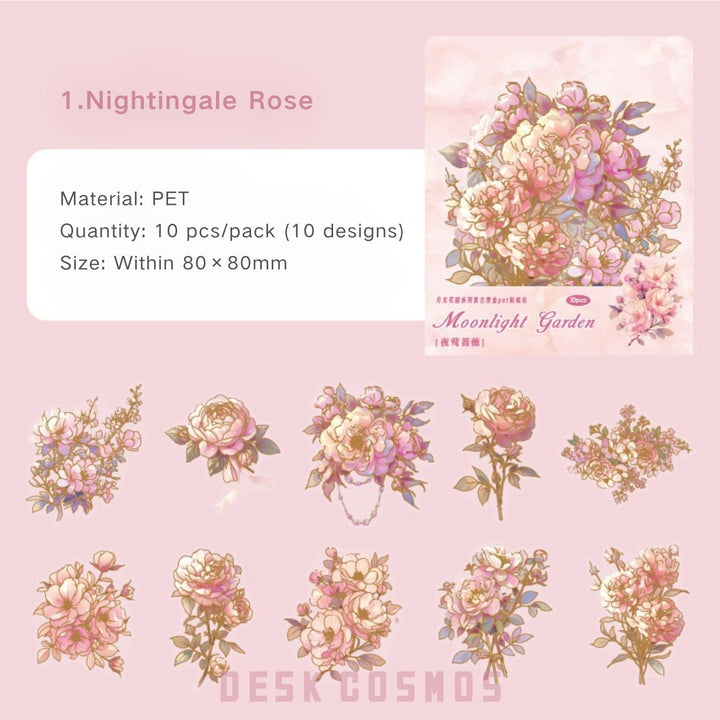 Moonlight Garden Nightingale Rose PET Stickers Vintage Floral Style
