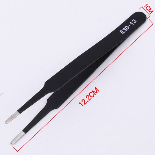 Stainless Steel Tweezers ESD 13 Flat Tip Black Minimalist