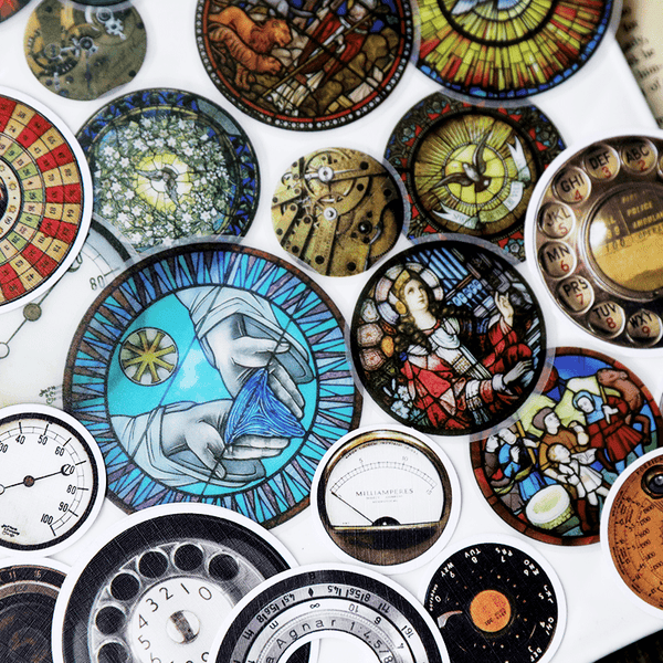 Vintage Round Gauge Stickers—Clock, church window, telephone, compass - Desk Cosmos