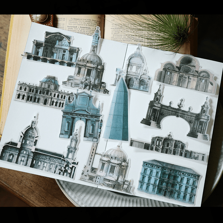 Medieval Classic Copperplate Journal Stickers—Character, architecture, airplane, knight - Desk Cosmos