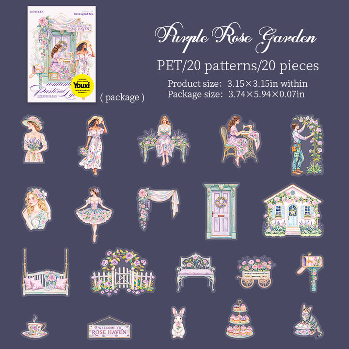 Romantic Rural Life Purple Rose Garden PET Stickers Floral Scene