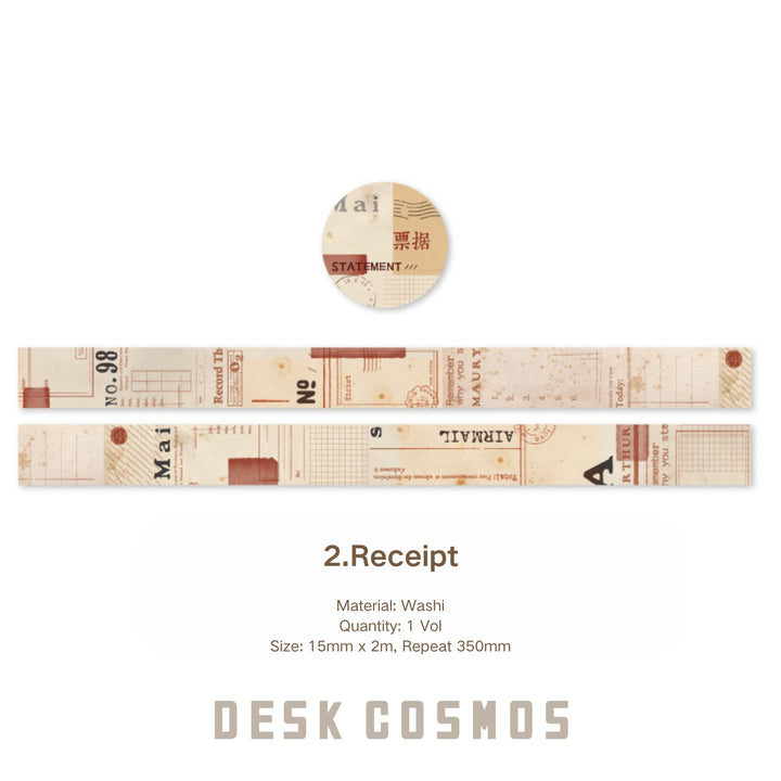 Vintage Washi Tape – Receipt, Plant, Map, Text - Desk Cosmos
