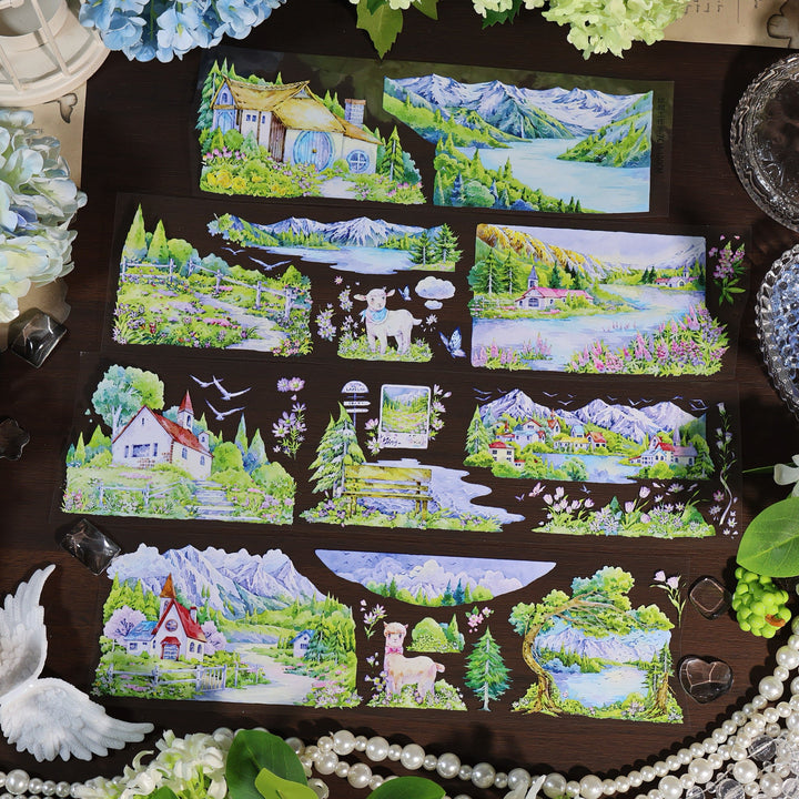 Lakeside Cabin Under Snow Mountain PET Tape - Desk Cosmos