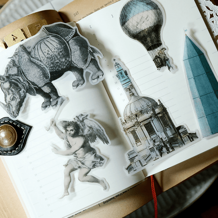 Medieval Classic Copperplate Journal Stickers—Character, architecture, airplane, knight - Desk Cosmos