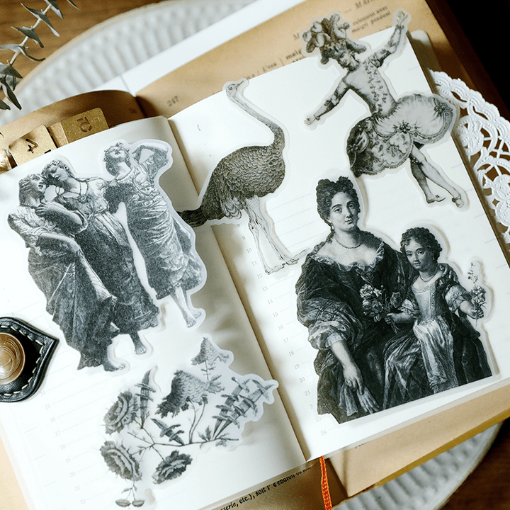 Medieval Classic Copperplate Journal Stickers—Character, architecture, airplane, knight - Desk Cosmos