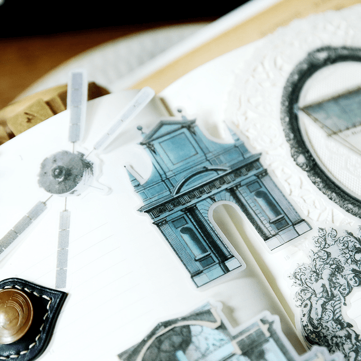 Medieval Classic Copperplate Journal Stickers—Character, architecture, airplane, knight - Desk Cosmos