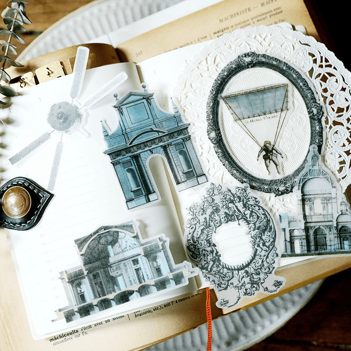 Medieval Classic Copperplate Journal Stickers—Character, architecture, airplane, knight - Desk Cosmos