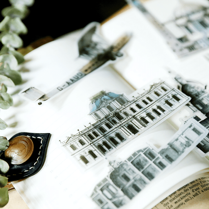 Medieval Classic Copperplate Journal Stickers—Character, architecture, airplane, knight - Desk Cosmos