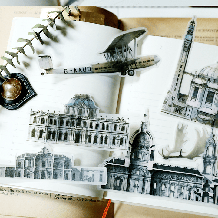 Medieval Classic Copperplate Journal Stickers—Character, architecture, airplane, knight - Desk Cosmos