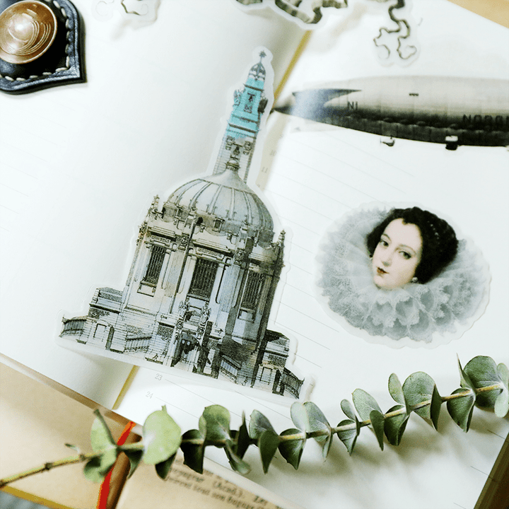 Medieval Classic Copperplate Journal Stickers—Character, architecture, airplane, knight - Desk Cosmos