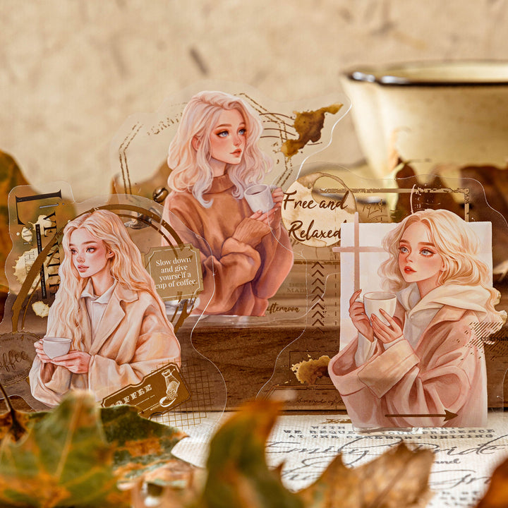 Artistic Girl With Coffee PET Stickers - Desk Cosmos