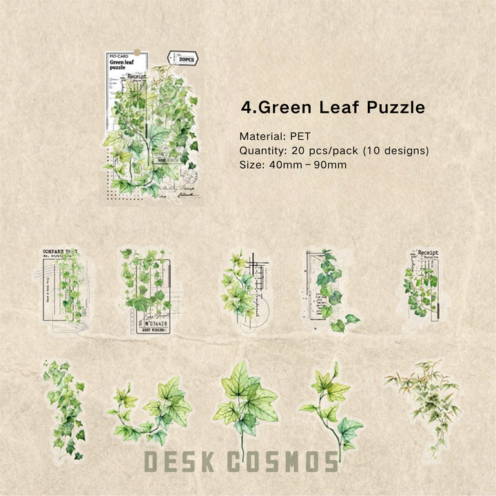 Green Plant Workshop Green Leaf Puzzle PET Stickers for Journaling