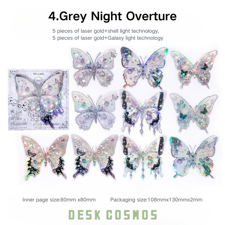 Gem Butterfly Series PET Laser Stickers - Grey Night Overture Design