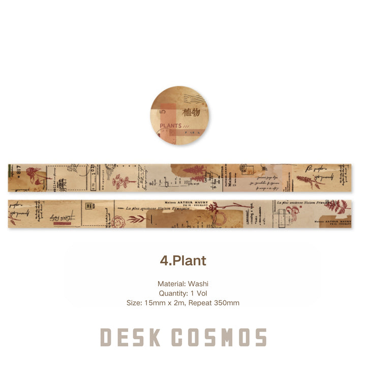 Vintage Washi Tape – Receipt, Plant, Map, Text - Desk Cosmos