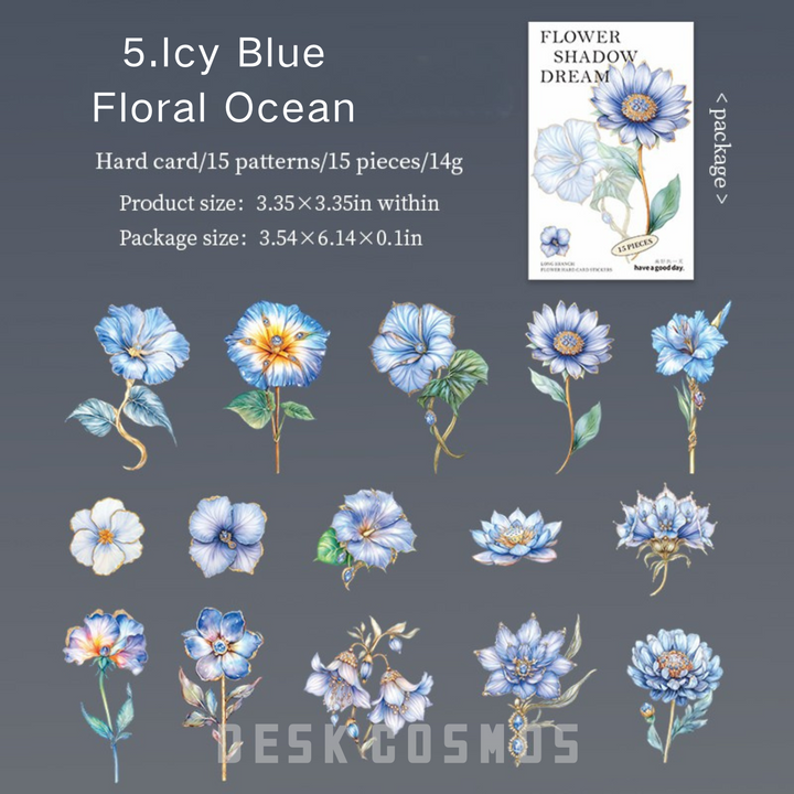 Flower Shadow Dream Ice Blue Blossom Floral Stickers Soft Toned Journaling