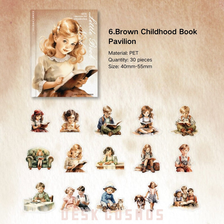 Pure Age Brown Childhood Book Pavilion PET Stickers Retro Decoration