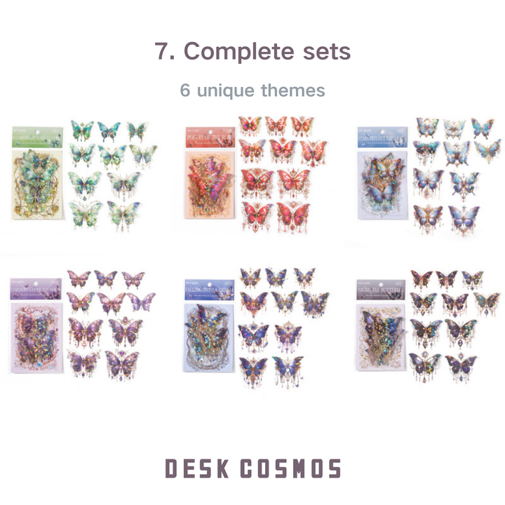 Elegant 3D Butterfly PET Stickers, featuring 6 unique designs with a total of 120 pieces. Crafted with laser gold and shell gloss techniques, these waterproof and durable stickers are perfect for journaling, scrapbooking, and other DIY art projects.