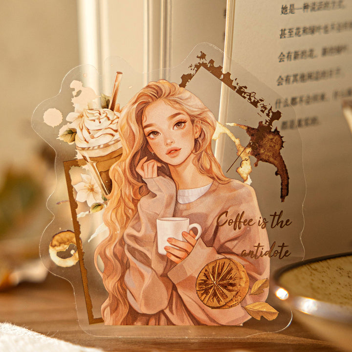Artistic Girl With Coffee PET Stickers - Desk Cosmos