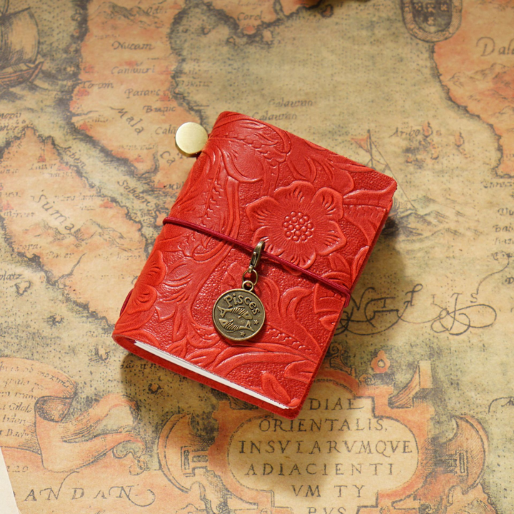 Traveler's Red Embossed Leather Mini Journal Antique Look