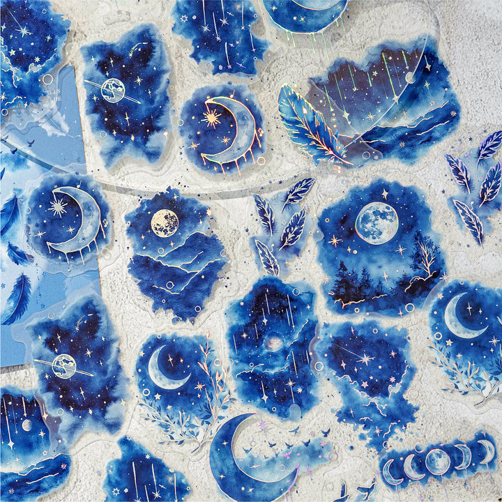 Blue Mood Stickers – Cloud, Flower, Moon - Desk Cosmos