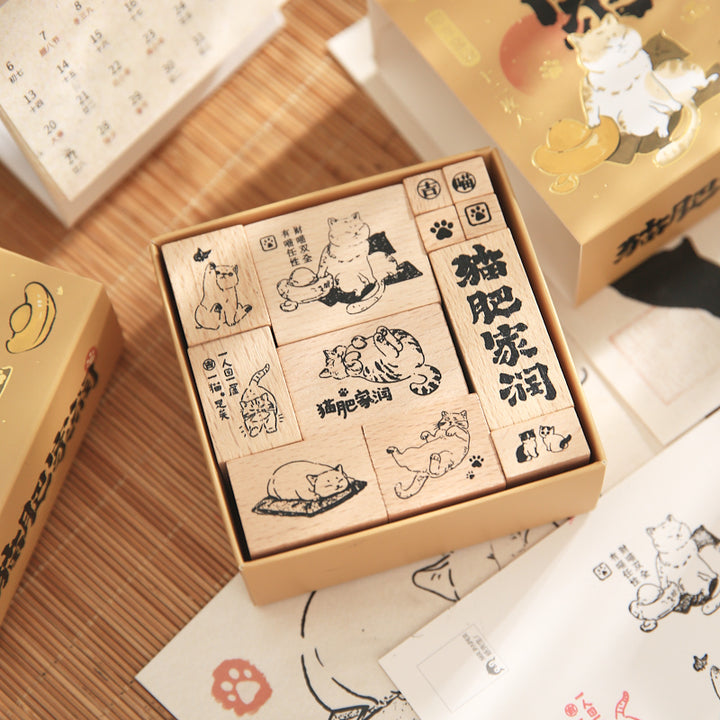 Beechwood Japanese Chubby Cat Stamp Set 12 Pcs with Playful Cat Designs for DIY Journal