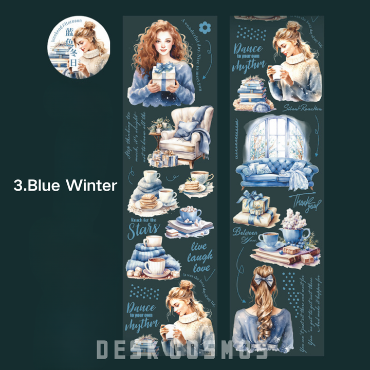 Reading Girl Tapes, style is Blue Winter, featuring a blue scarf, sofa, and hairpin designs.