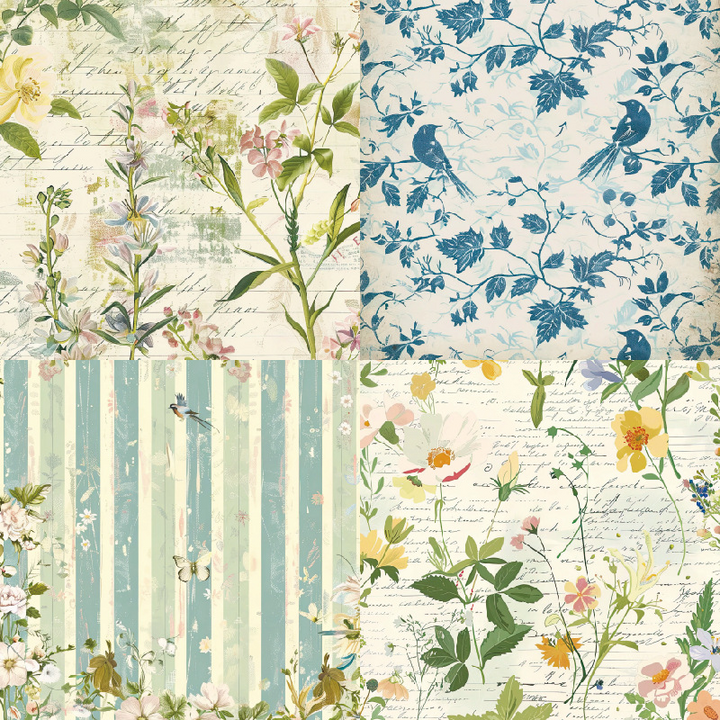Botany Series Scrapbook Paper Retro Collage Style Flower Design