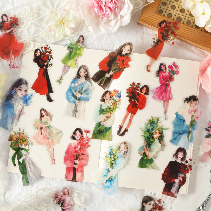 Charming Lady Romantic Flower PET Stickers Artistic Layout