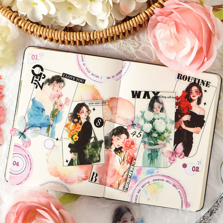 Charming Lady Romantic Flower PET Stickers Elegant Floral Decoration