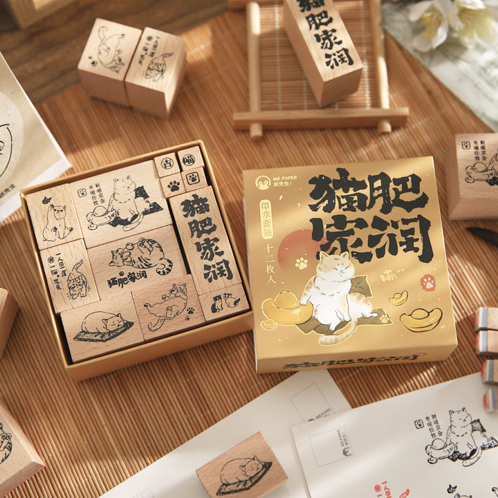 Chubby Cat Stamp Set 12 Pcs Cute Japanese Style Stamps for Journal Decoration
