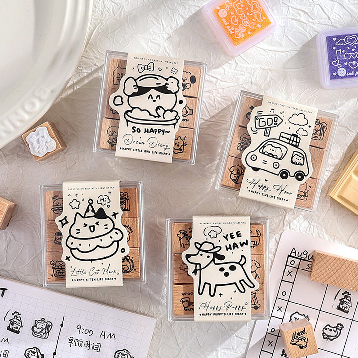 Creative DIY Journal Decoration with Wooden Cartoon Stamps Small Town Market Set featuring Cute Dog and Cat Designs