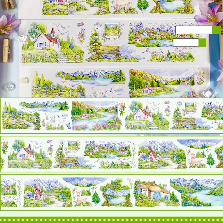 Lakeside Cabin Under Snow Mountain PET Tape - Desk Cosmos