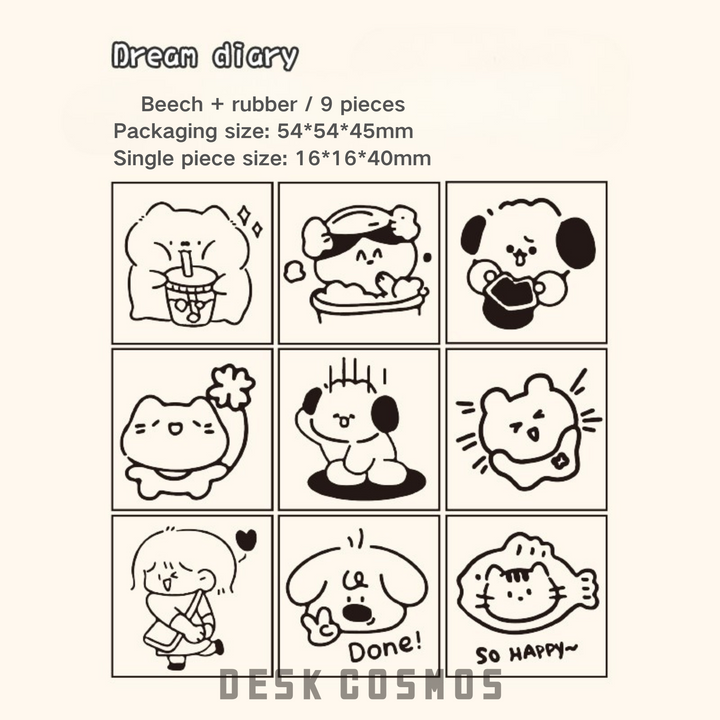 Dream Diary Small Town Market Wooden Cartoon Stamps Set