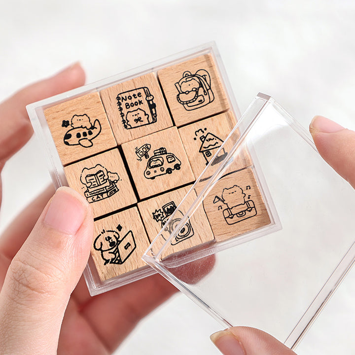 Dream Diary Wooden Cartoon Stamps Set for Journal Decoration with Cute Dog, Cat, and House Designs