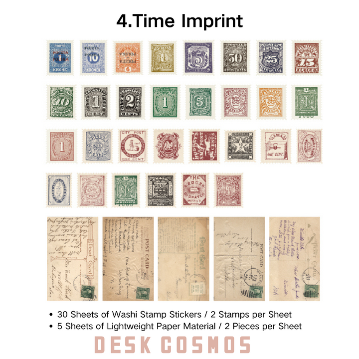 Former Stamps and Paper Stickers Time Imprint Retro Handwriting and Postage Collage