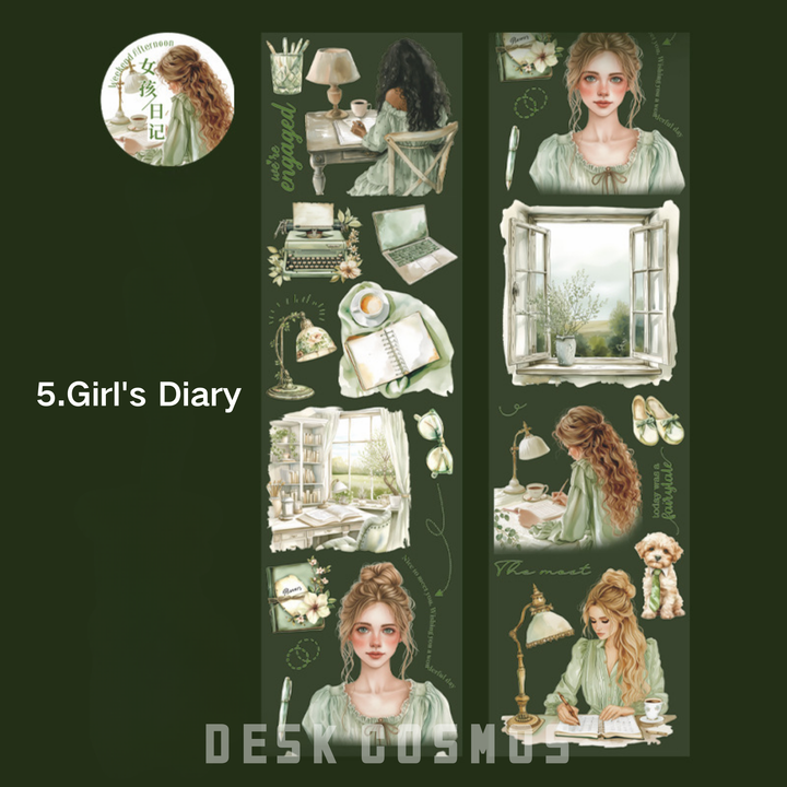 Reading Girl Tapes, style is Girl's Diary, featuring a green dress, vintage lamp, and green cake designs.