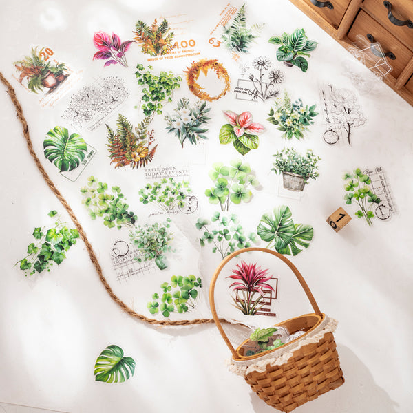 Green Shadow Time PET Stickers Flower Plant Suitable for Personalized Decoration
