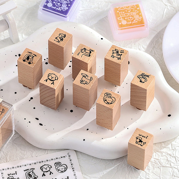 Happy Hour Wooden Cartoon Stamps Small Town Market Set with Cat, Dog, and Polaroid Elements