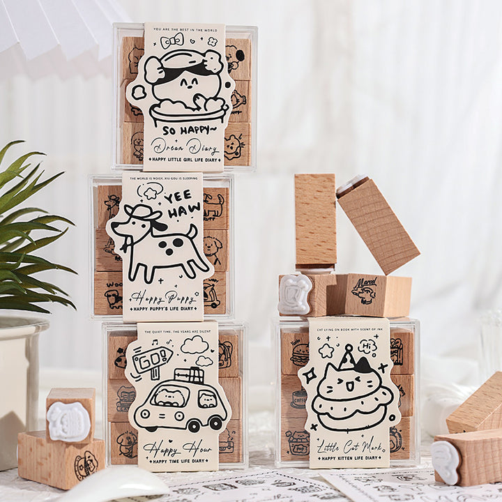 Happy Hour Wooden Cartoon Stamps with Polaroid, Dog, Cat, and House Designs for DIY Journal
