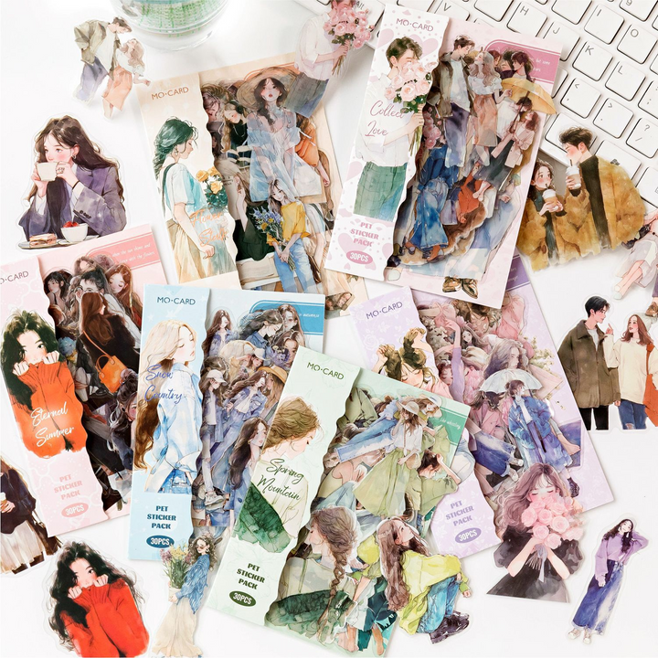 Happy Live Series PET Stickers Female Character Love Romance Scrapbook Stickers Waterproof Stickers